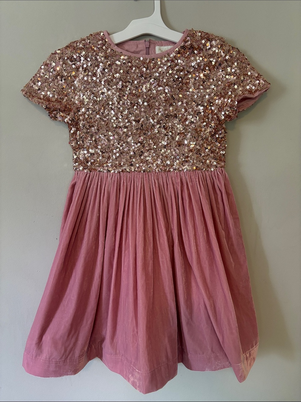 Mini Boden Girls Sequin Velvet Party Dress Pink Short Sleeve Size 11-12Y 152cm